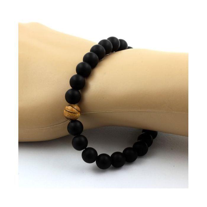 Stones and Minerals. Matte Black Onyx + Landscape Jasper Beaded Bracelet 8 Mm. Made In France.