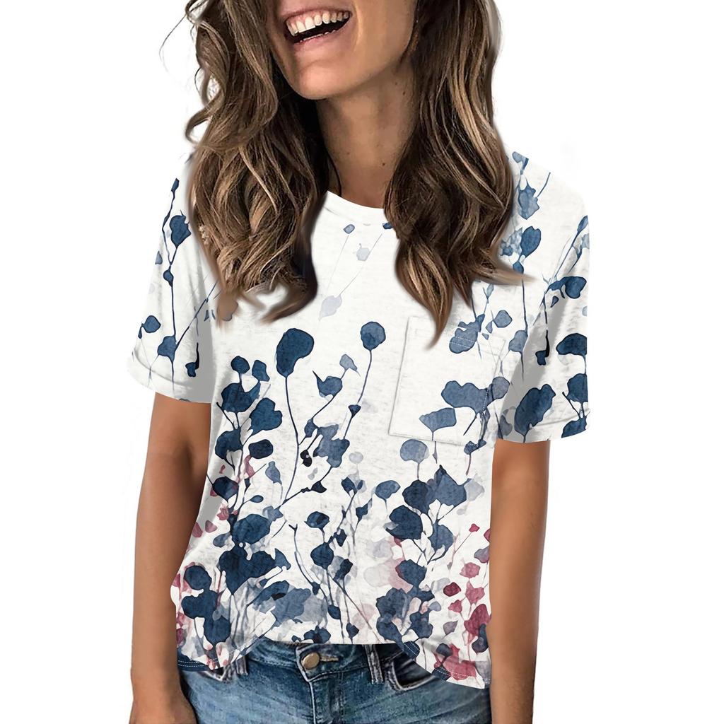 Women's Pocket Floral Print Summer Short Sleeved Round Neck Casual Loose T-shirt Top