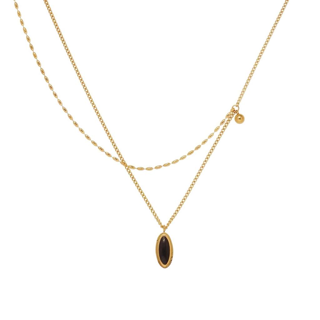 French Retro Two-Layer Black Oval Necklace: Women's Titanium Steel Clavicle Chain, Fade-Resistant Design.