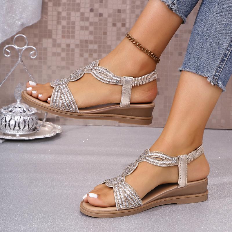 Fashion Bohemia Glitter T-Tied Sandals Women 2025 Summer National Bead Decoration Wedge Heels Shoes Comfortable Light Weight Sandals