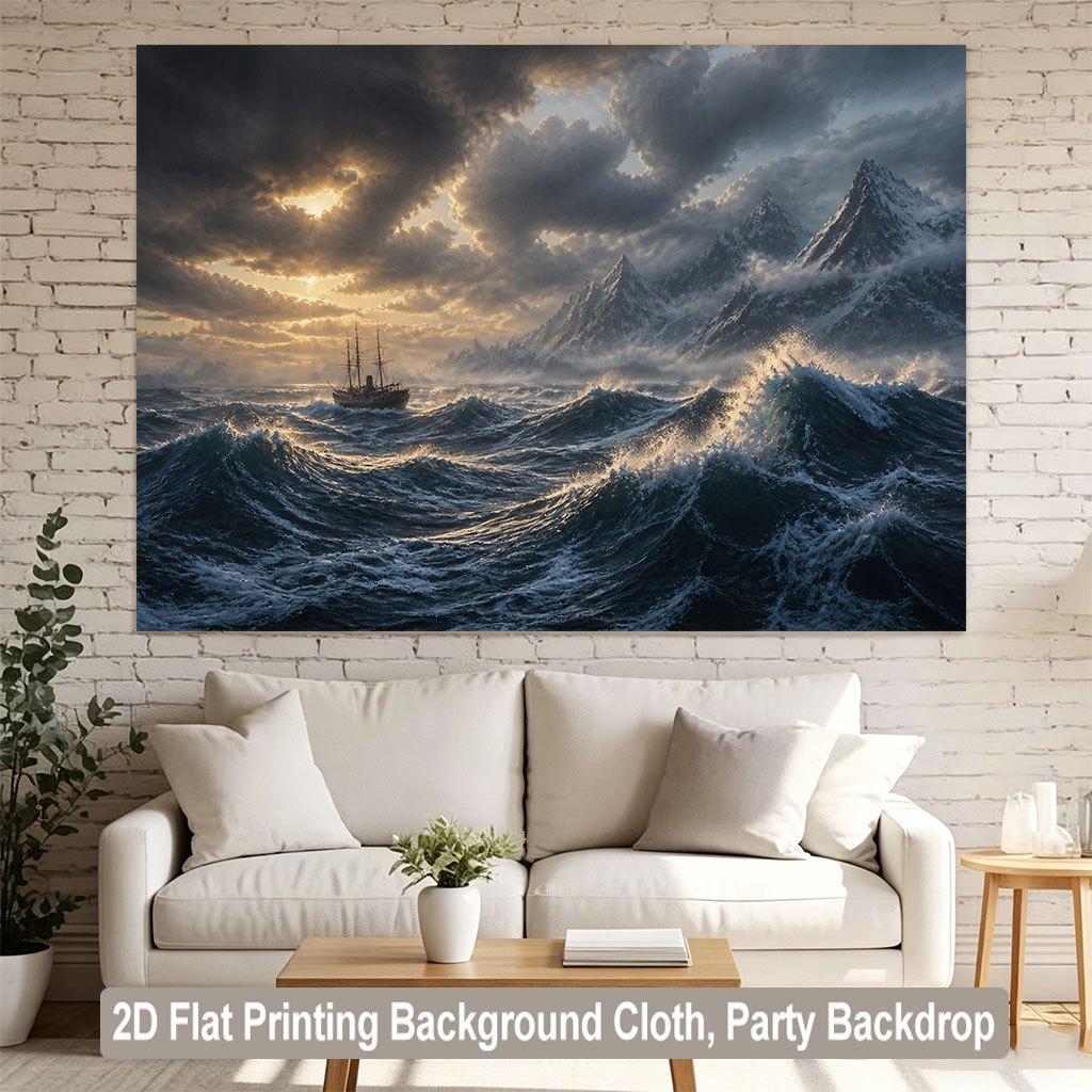 1 piece of 2D flat background fabric banner depicting a solitary ship in the turbulent sea.PMJ