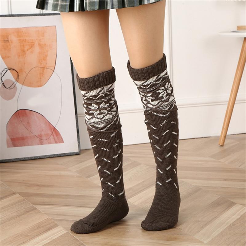Womens Christmas Knitted Thigh High Socks with Strappy Ties Snowflake Print Over Knee Boot Stockings Winter Leg Warmers