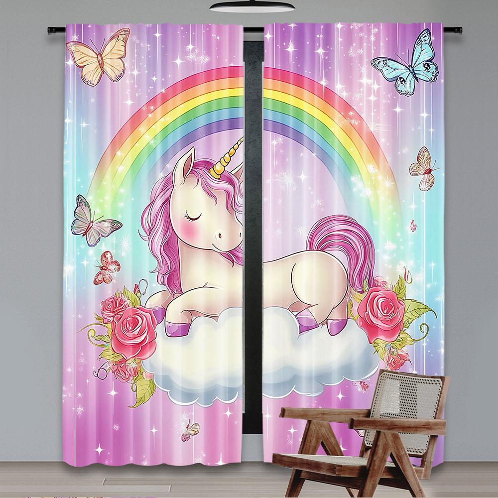 Set Of 2 Unicorn Curtain Rainbow Butterfly Suitable Living Room Bedroom Kitchen Bathroom For Great Made Polyester