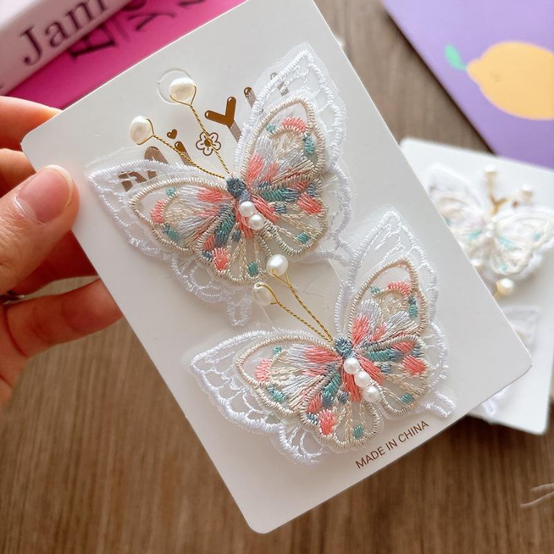 2pcs/set Retro Embroidery Butterfly Hair Clip for Baby Girl Mesh Sweet Peal Kids Hair Pin Fashion Hair Acccessories Headwear
