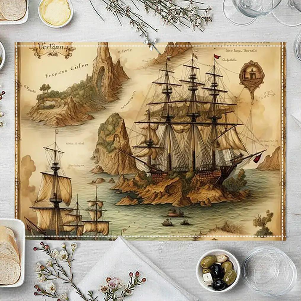Di 4 Tovagliette con Tema Nave Pirata - Design Nautico Monofacciale, Realizzate in Poliestere Resistente, Lavare a Mano, Tappetini Decorativi Rettangolari per