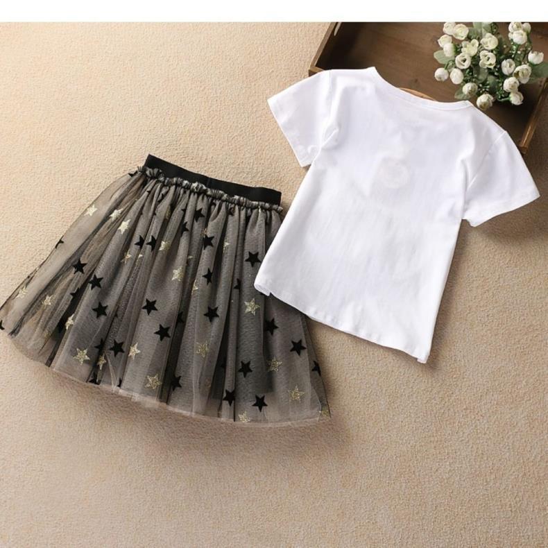 Girls' Suit Top Children's Short Sleeved Mesh Skirt T-shirt Dress Summer Clothes Two-piece Set