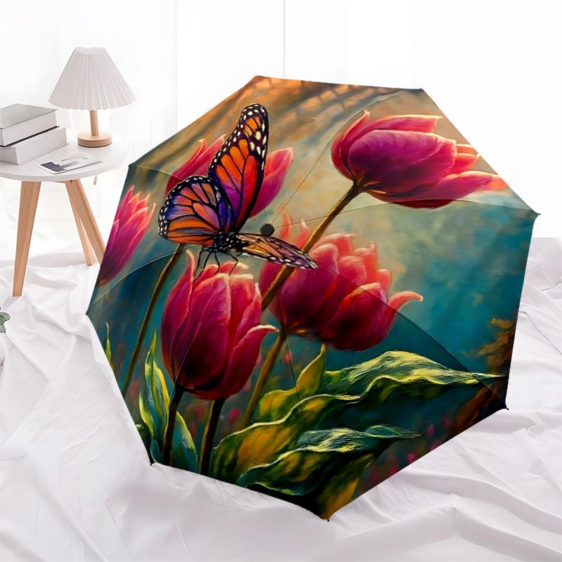 1pc Butterfly Tulips Automatic Folding Umbrella - Compact 8-Rib Design, Durable Plastic & Iron, Daily Use Z1230051