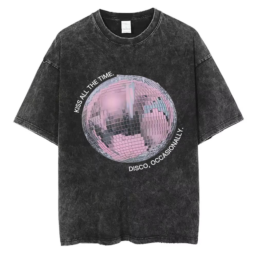 Küss Mich Immer Disco Gelegentlich Gewaschen Vintage T-Shirts Geschenk für Fans Männer Frauen Mode Popmusik Streetwear Männlich Oversized T-Shirt