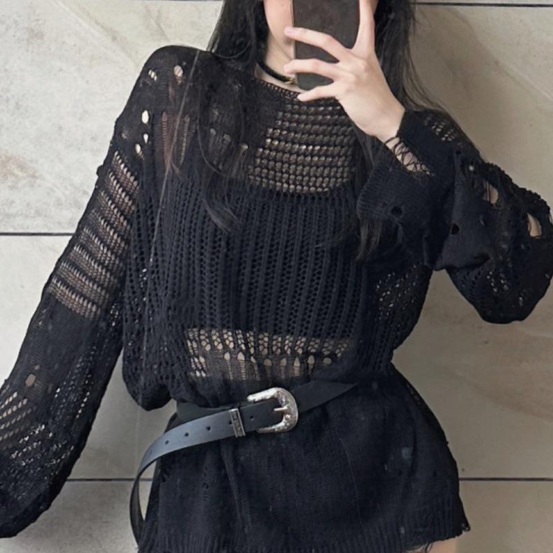 Women's Hollow Knit Blouse Summer Loose Fitting Long Sleeve Thin Sweater Casual Tops Vintage Gothic Blouses