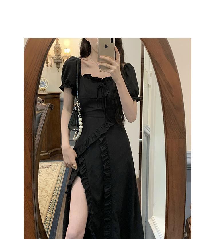 Summer 2024 French Lace Square Collar Slim Fit Slit Dress