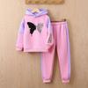 Spring and Autumn Fleece Hooded Butterfly Print Long Sleeve Top and Pants Set for Infants and Little Girls