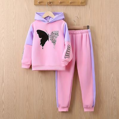 Conjunto de Moletom com Capuz Estampado de Borboleta, Manga Longa, Calça para Bebês e Meninas Pequenas - Primavera e Outono