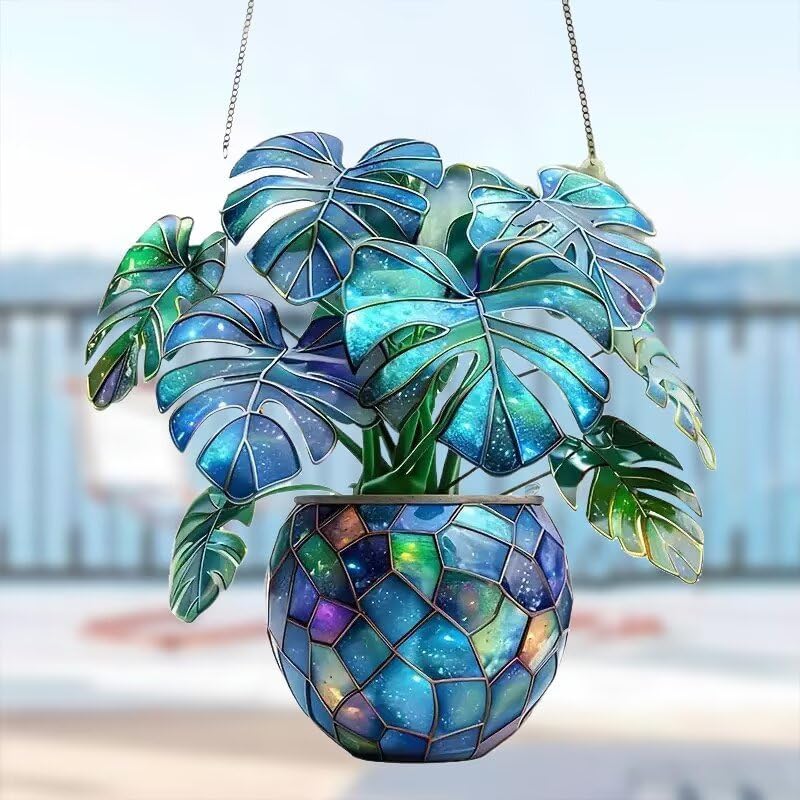 Monstera Plant Colorful Acrylic Hanging Ornament Suncatcher - Effect Glass Imitation Window Hanging Decor, Vivid Garden & Home Ornament, Ideal Gift