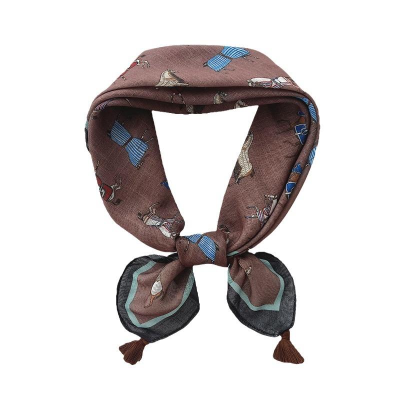 Korean Style Horse Pattern Cotton Linen Square Scarf Women Spring Summer Versatile Sunscreen Tassel Headscarf For Beach Decoration