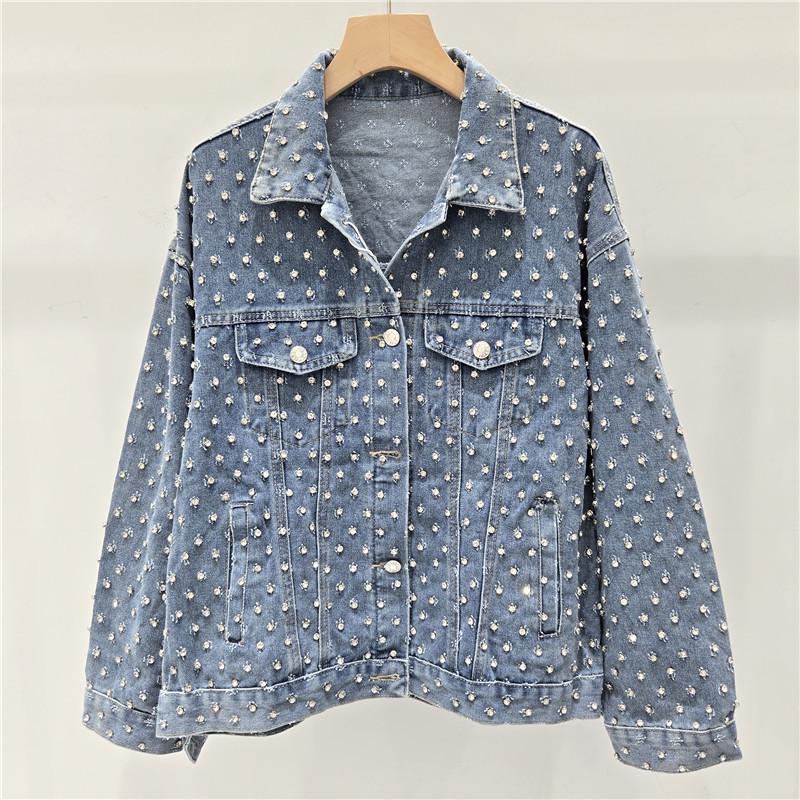 

Retro Jacquard Rhinestone Lapel Denim Jacket - European High-End Casual Spring/Autumn Trend One Size