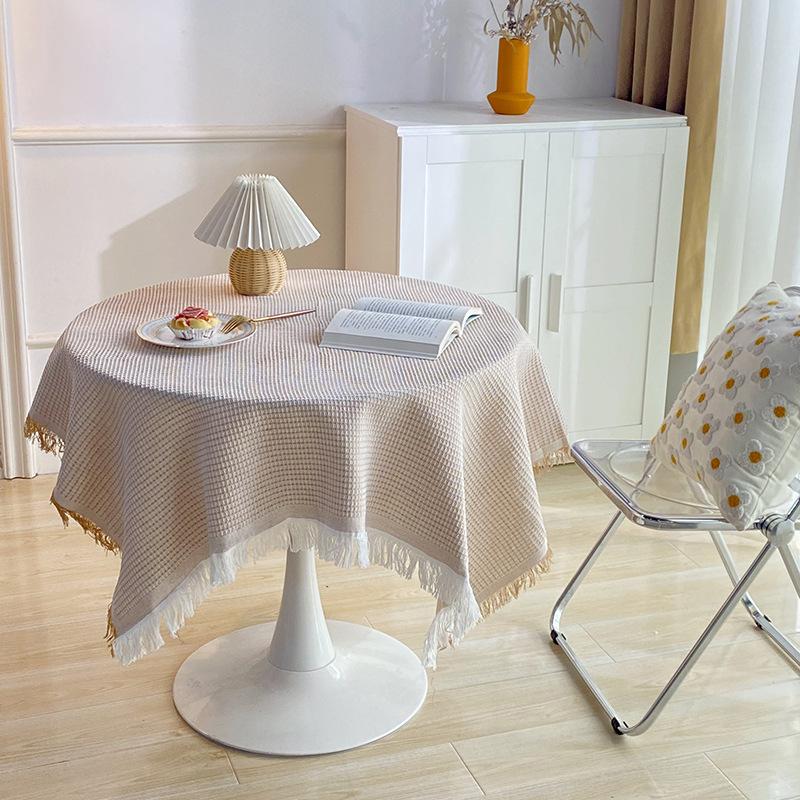 Cotton Linen Fringe Table Cover Washable Anti-Dust for Round End Table Nightstand Tea Table Tablecloth Home Decorative Mat 90x90cm