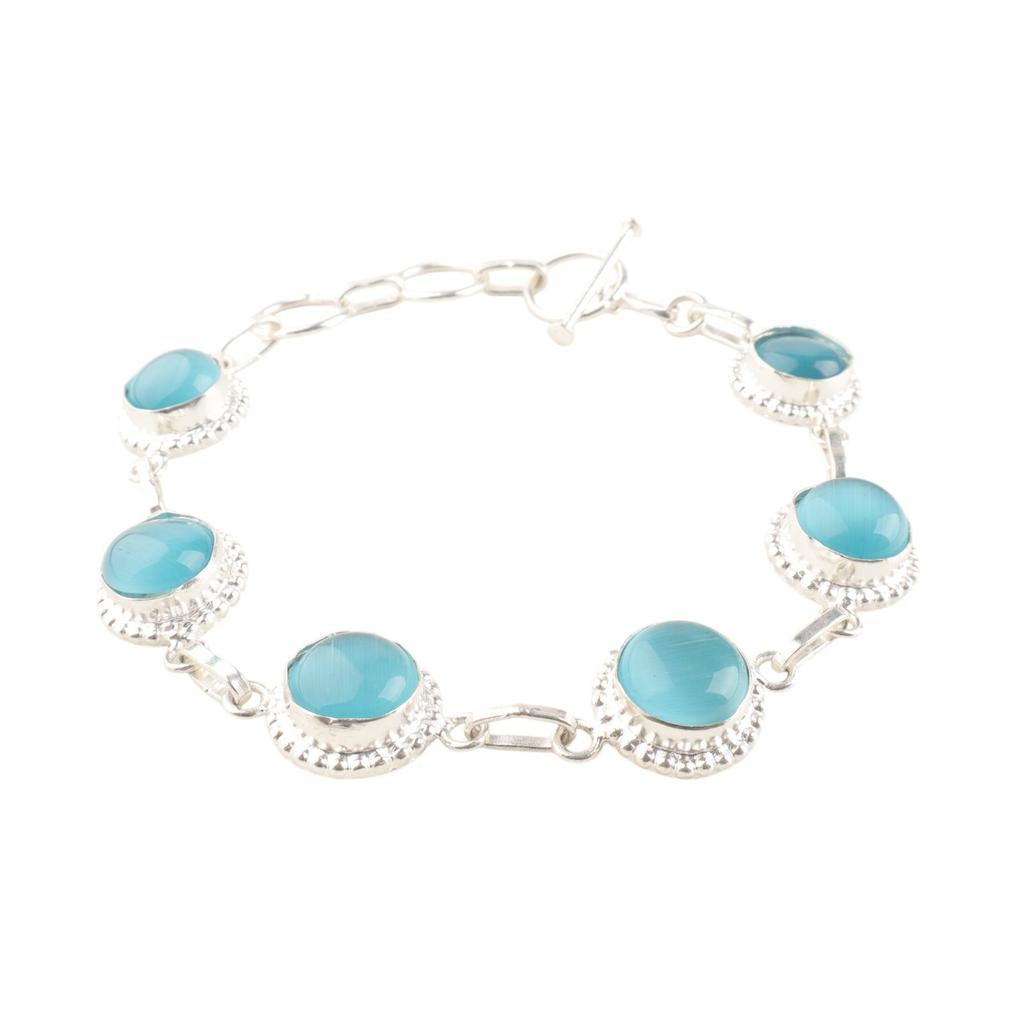 Natürlicher Blauer Katzenaugen-Edelstein 925 Sterlingsilber Handgefertigtes Armband Für Frauen RB-9-34