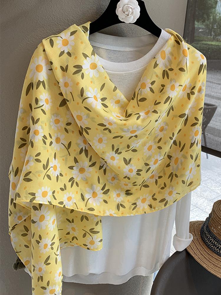 Yto Scarf Women's Yellow Elegant Silk Scarf Wrap Shawl Sweet Floral Print Sunscreen Bandanas Hijab Mujer Scarve Pareo Headscarf Boho Travel Cm