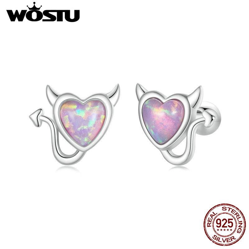 WOSTU Срібло 925 проби з опаловим бантом і сережками-гвоздиками з дияволом. Делікатні чудові сережки для жінок. Подарунок дівчині. Вишукані ювелірні вироби.