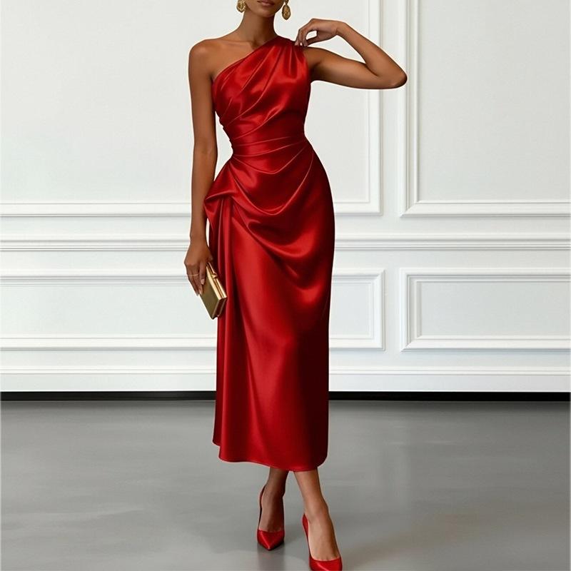 Elegant Women Solid Satin Slanted Neck Midi Dress Summer Sexy One Shoulder Sleeveless Ruched Slim Evening Party Long Dresses