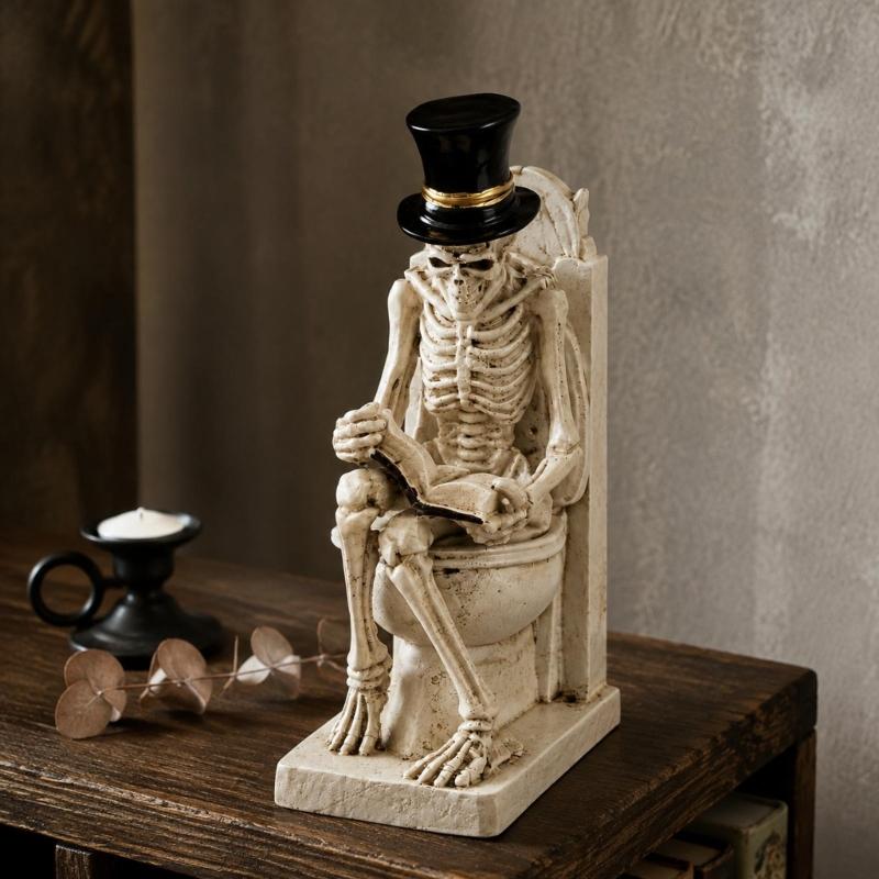 Shelf Display Skull Reader Figure for Desk Accent, Toilet Seat Book Scene, and Dark Humor Room Theme Presentation Piece for Seasonal Use