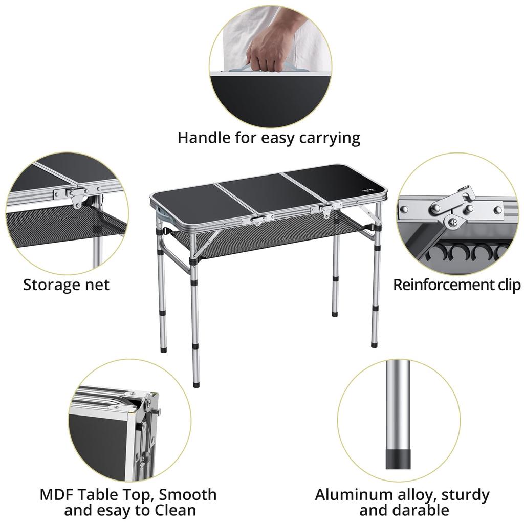 Anbte Folding Camping Height for both Outdoor and Indoor Maximum Made of Comes with Storage Lightweight and Perfect for and the Beach Table, 3-level