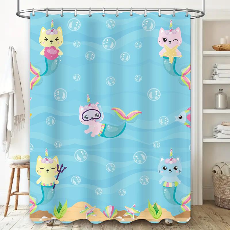 Modrý mořský panna sprchový závěs s potiskem jednorožce a kočky pro dětskou koupelnovou dekoraci, roztomilý design mořského života s bublinkami, látková sada koupelnové předložky (180x