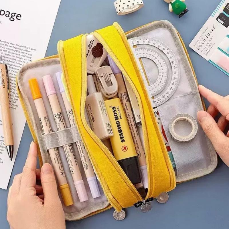 Double Open Student Pencil Bag Dirt Resistant Solid Color Large Capacity Multi Function Storage Bag Simple Travel Bag For Girl