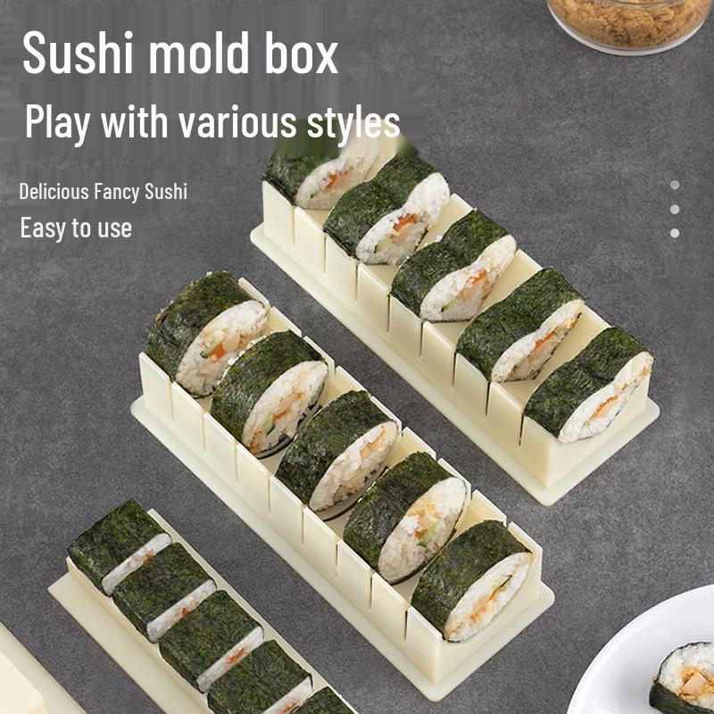 Sushi-Form-Set: Kunststoff-Set für Reisbällchen und Rollen mit Nori-Algen-Umwicklung.