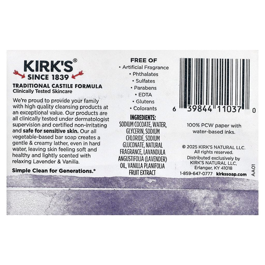 Kirk'S, Castile Bar Soap, For Sensitive Skin, Lavender & Vanilla, 4 Oz (113 G)
