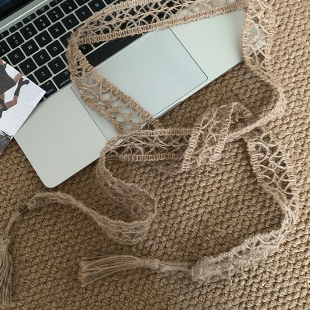 Ethnic Style Cotton and Linen Woven Belt Long Silver Leaves Waist Chain  Spicy Girls