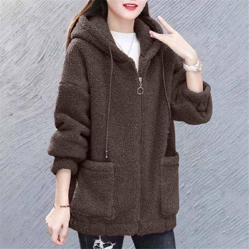 Women's Autumn And Winter Loose And Trendy Zipper Cardigan With Thick Lamb Wool And Fleece Hoodie Jacket