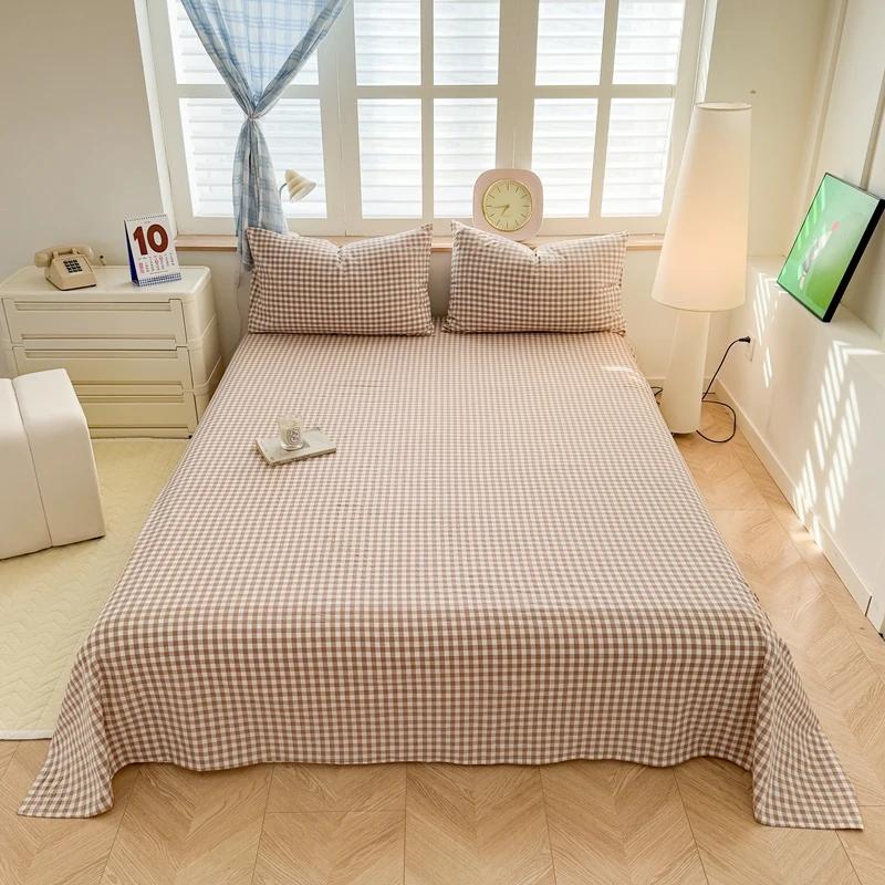 2025 New Class A Cotton Yarn-dyed Washed Cotton Sheets Simple Solid Color Lattice Single-piece Sheets Skin-friendly and Soft