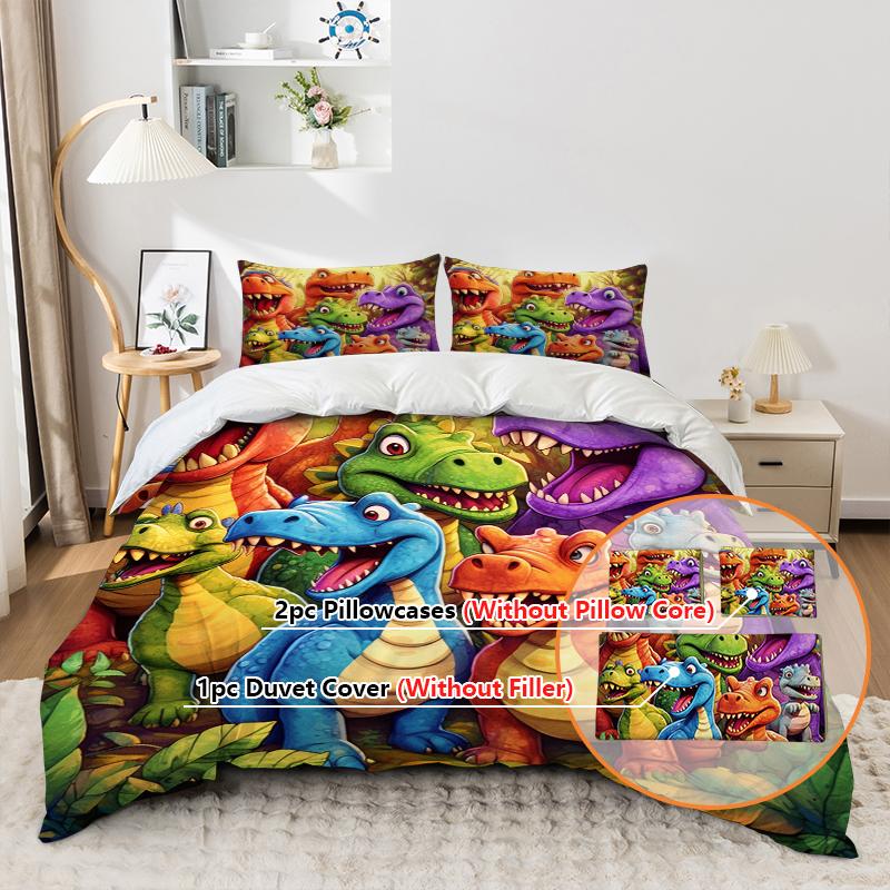 3 pièces Housse de couette Dinosaure Coloré Dessin Animé Tissu de Literie Confortable Doux et Respirant Inclus (Housse de couette* 1+Taies d'oreiller*2)