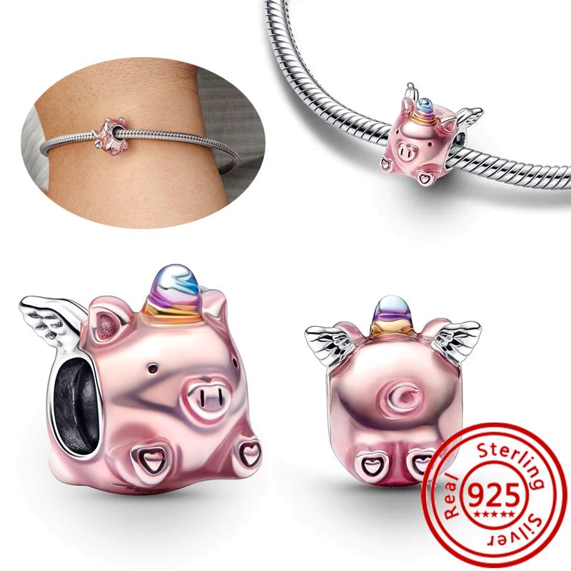 925 Sterling copper Fit Original Pendant Charms Bracelet Women Zircon Colorful Magic Flying Unicorn Pig Dangle Charm DIY Beads