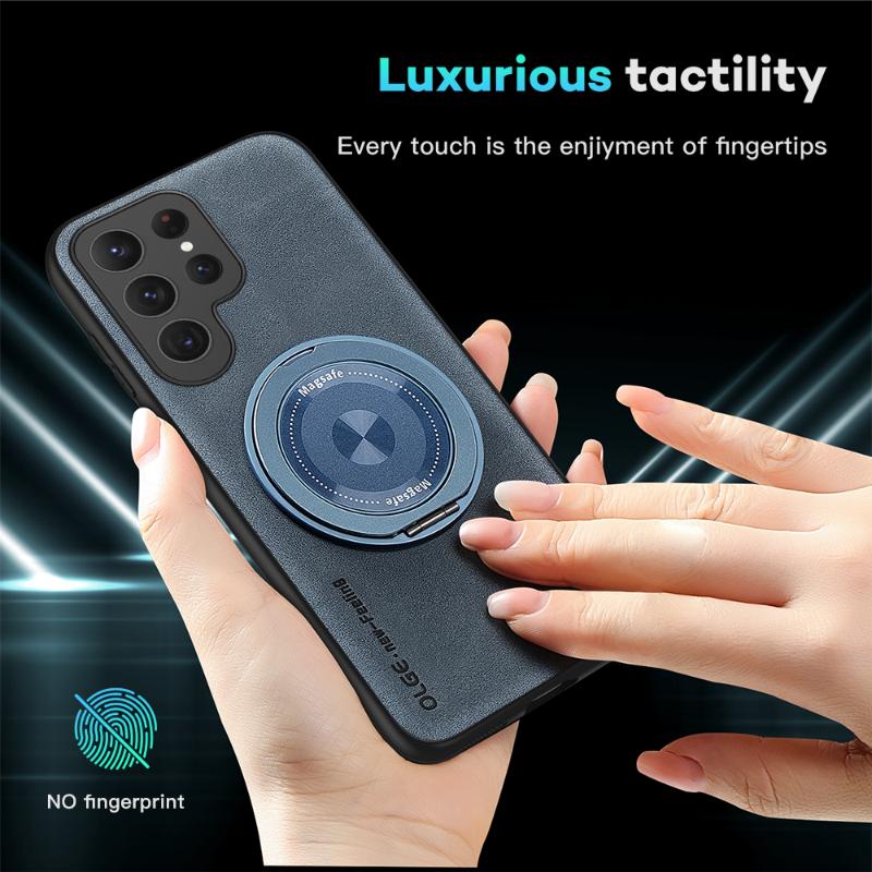 For Magsafe Magnetic 360°Rotat Metal Car Bracket Ring Leather Phone Case For Samsung S25 Ultra S23 S20 S21 S22 S24 Ultra Plus FE