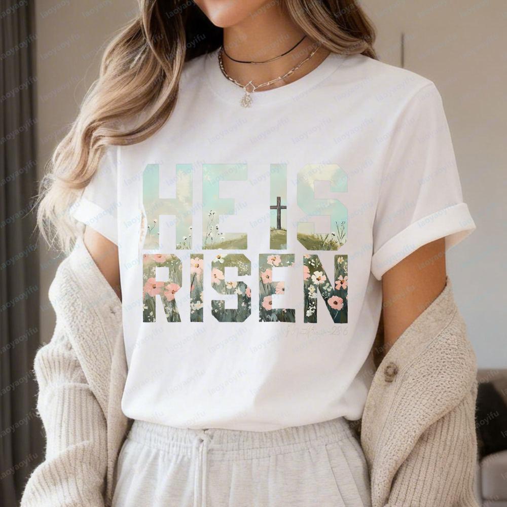 He Is Risen Matthew Easter T Shirt for Women Christian Religious Graphic Tees Casual Short Sleeve Faith Based Holiday Tops