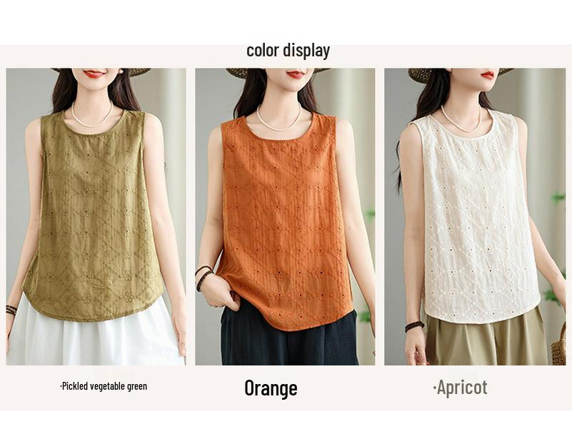 Summer Pure Cotton Embroidered Sleeveless Vest for Women