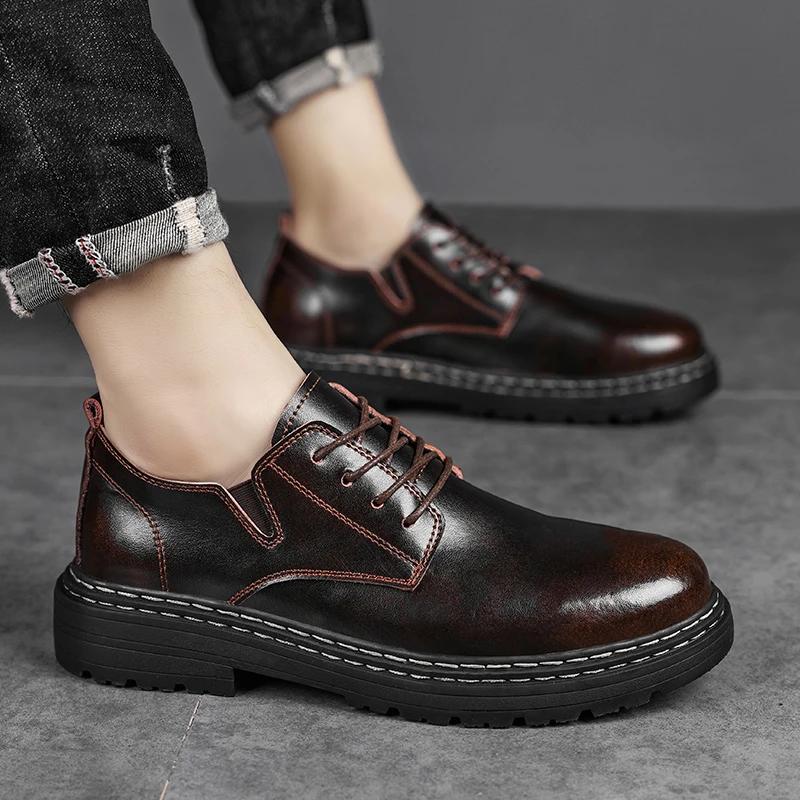 Outdoor Lace Up Wear Resistant Soft Bottom Oxford Shoes Work Shoes Leather Fashion Thick Soled Round Toe Casual Walking Shoes