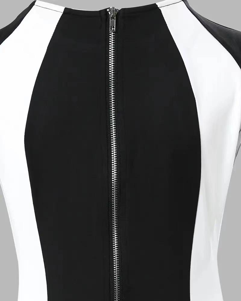2023 Summer Color Block Sleeveless Round Neck Slim Fit Zipper Dress for Women - European and American Style