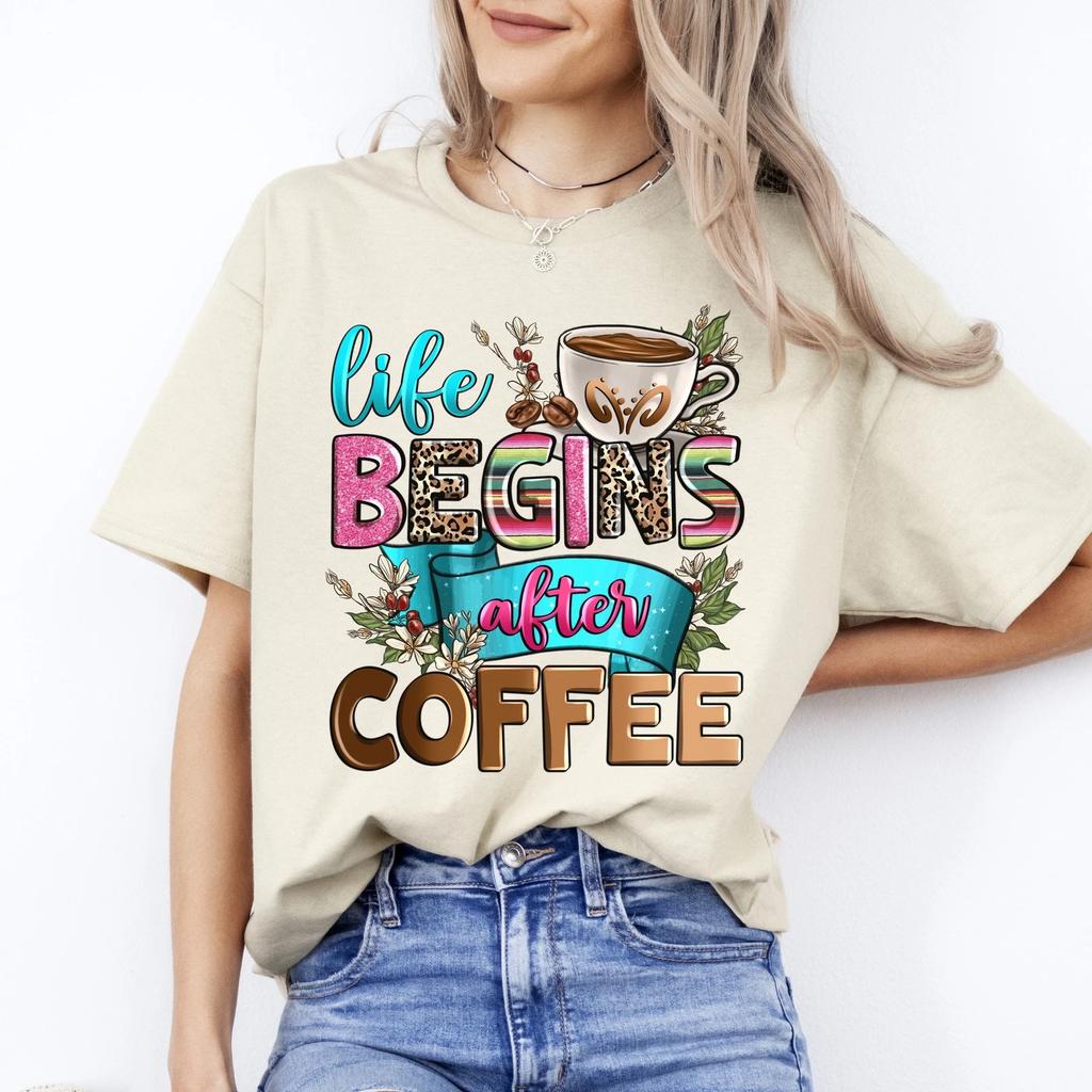 Life Begins After Coffee T-Shirt Gift Morning Coffee Lover Unisex Tee Sand White