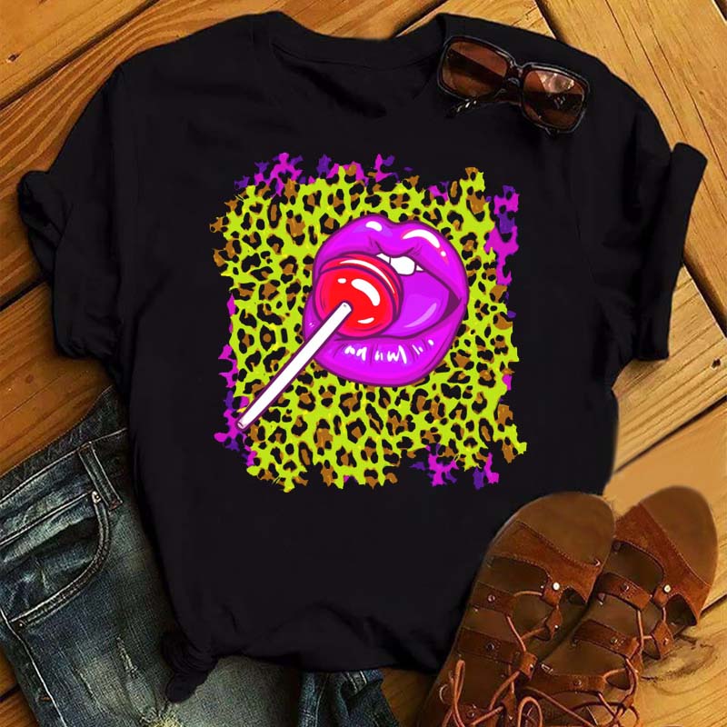 New Unisex Pink Lips Leopard Graphic T Shirt Casual Fahion Oneck Sexy Black Tees Kiss Lip Funny Girls Tshirtdrop Shipping