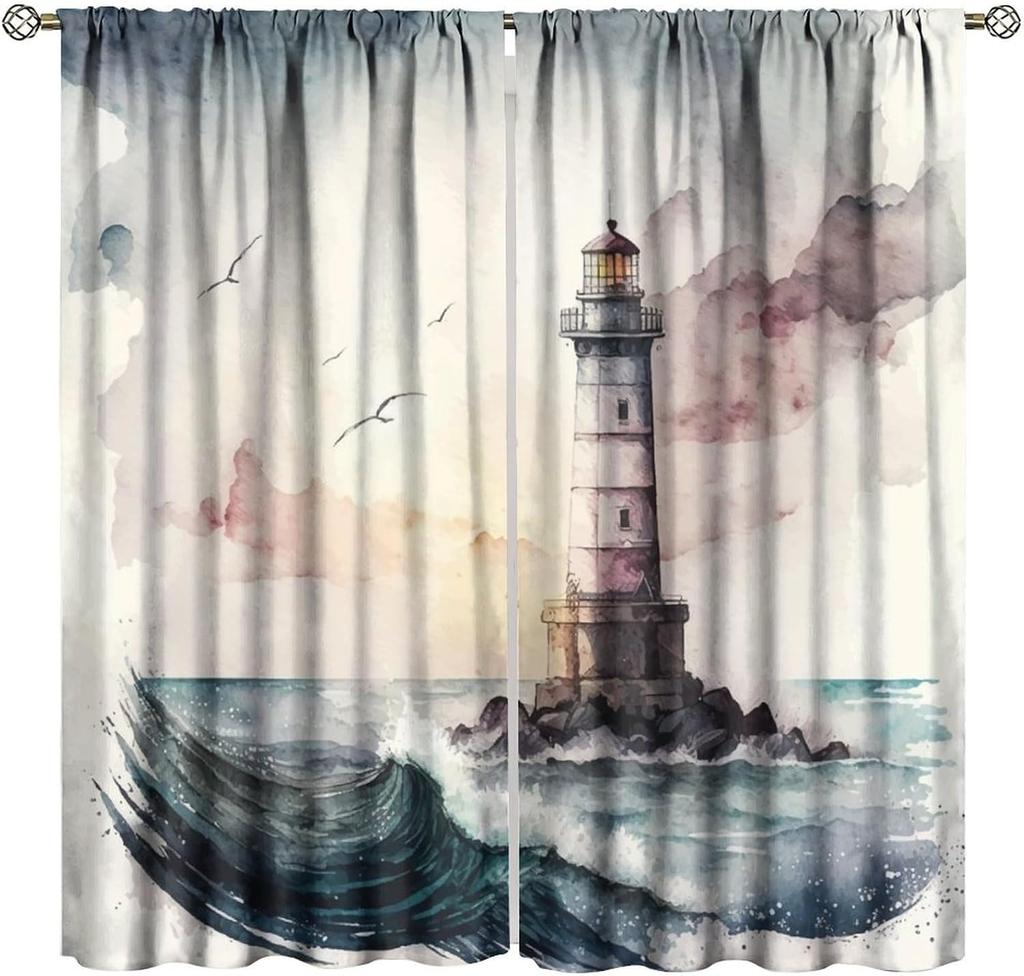 Lighthouse Curtains Vintage Sunset Ocean Island Lighthouse Nature Landscape Art Print Blackout Window Drapes for Bedroom Living