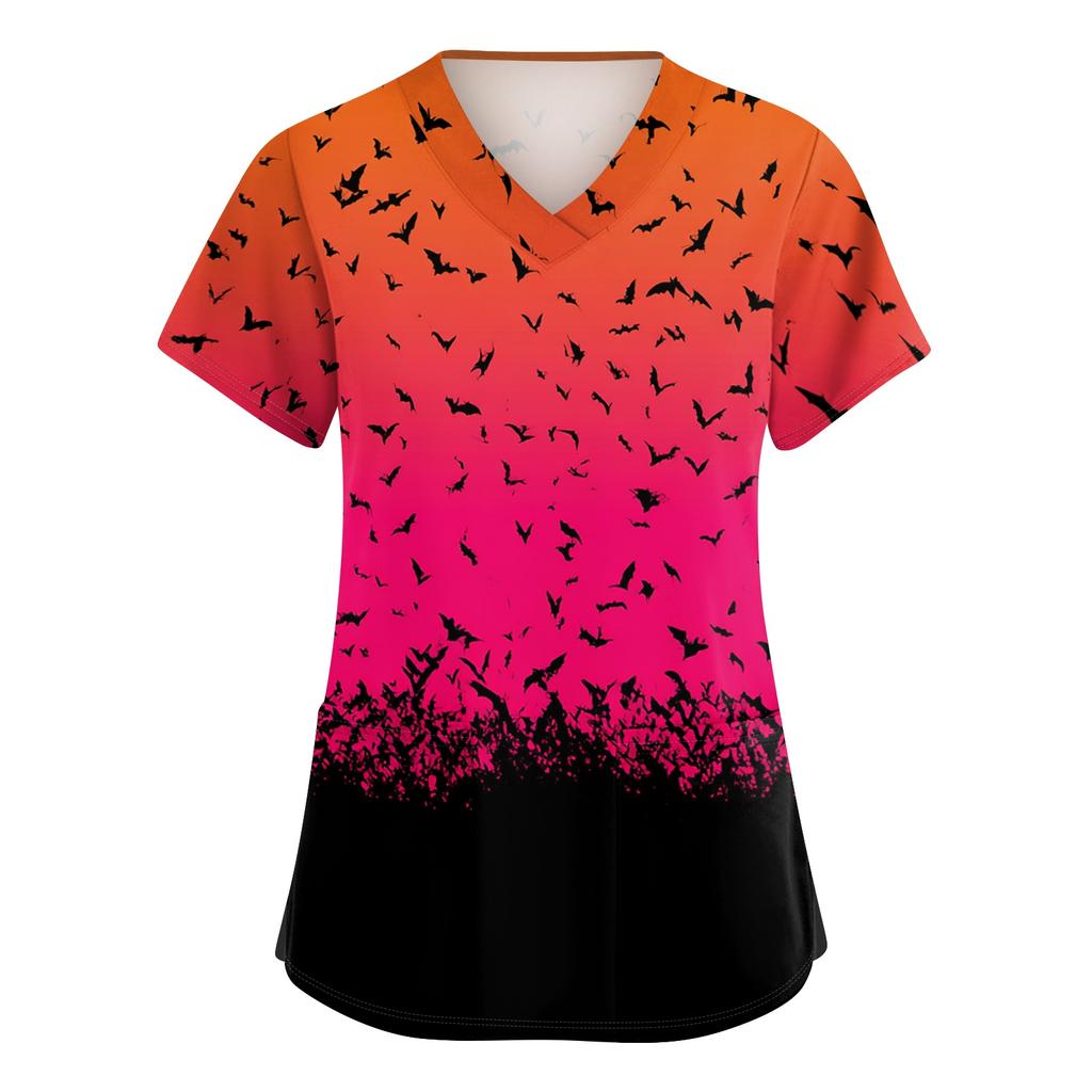 Women's V-Neck Short Sleeve Scrub Top with Pockets Halloween Print for Work