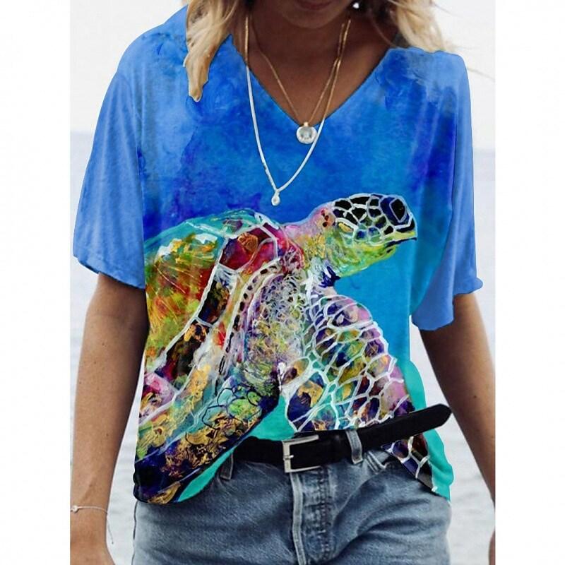 Summer Sea Turtle 3D Print T Shirt Women V-Neck Short Sleeve T-shirts Y2k Tops Harajuku Streetwear Oversized Tee Woman Clothing