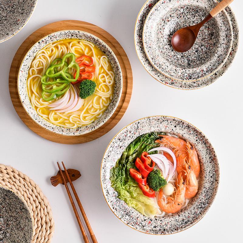 Japanese Style Stone Bowl Gold Rim Luxury Ceramic Ramen Bowls Set for Restaurant