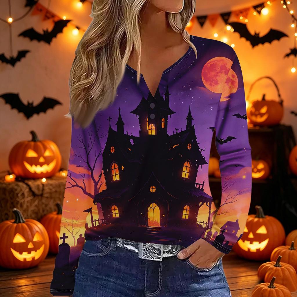 Women's Halloween Print V-Neck Long Sleeve T-Shirt with Button , Casual Fashion Top for Holiday Costume Party