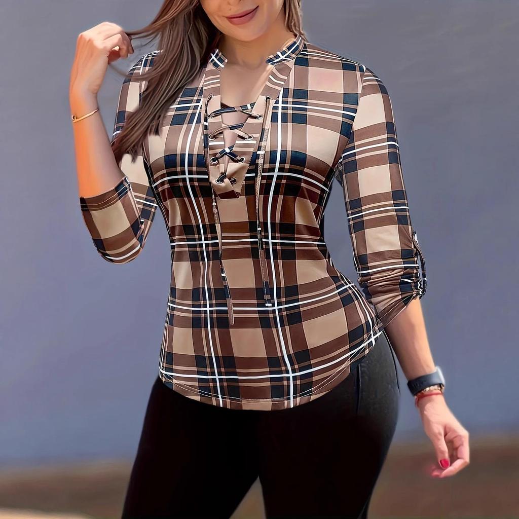 Women's Plaid Print V-Neck Blouse