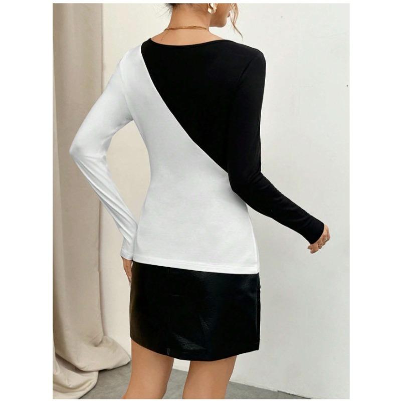 Autumn Women's Casual Colour Blocking Metal Button Long Sleeve Solid Pullover
