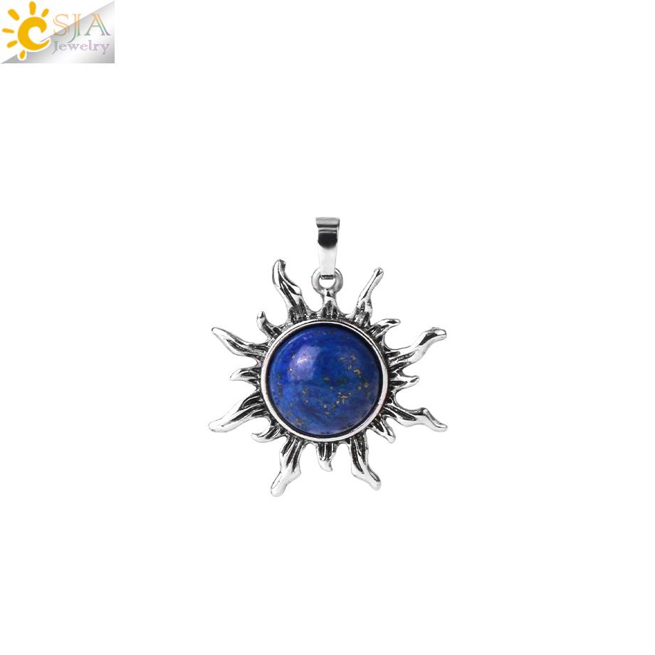 CSJA Vintage Sun Flower Pendant Natural Stone Crystal Necklace Genuine Round Amethysts Pink Quartz Obsidian Lapis Lazuli H120